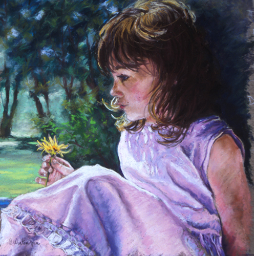 Portrait Painting of Ashley in White Holding a Flower