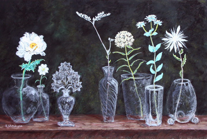 Painting of White Flowers in Glass Vases Lined