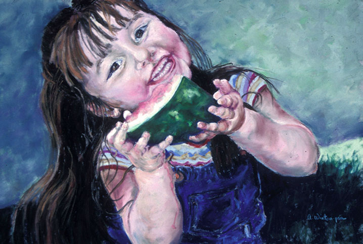 Portrait Painting of a Girl Holding a Watermelon Piece