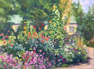 A Painting of a Garden Full of Flowers In Front of a House