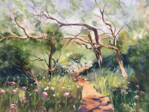 Field Painting of Pink Flowers and Bare Trees