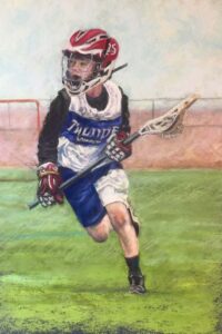 Portrait Painting of a Boy Playing Lacrosse on a Field